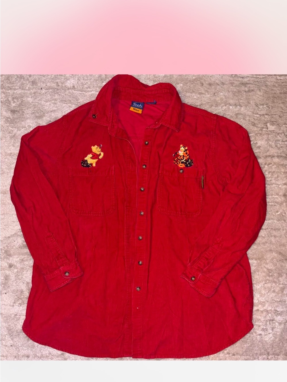 Red Corduroy Long-Sleeve Embroidered Disney Button up Shirt Women’s
